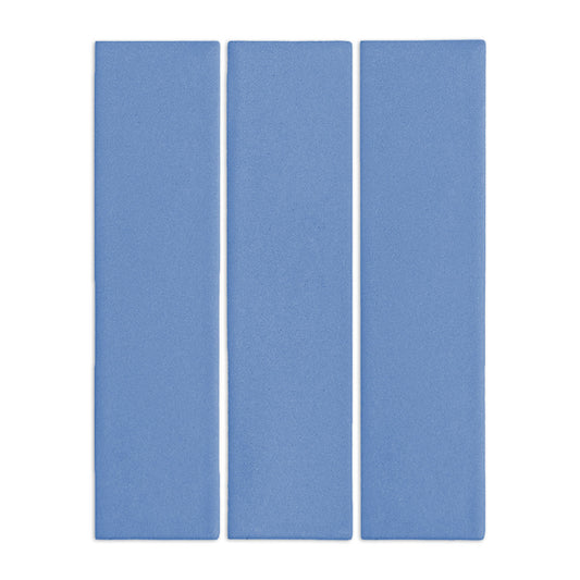 Denim blue 3x12 rectangular clay tiles by Clay Imports, arranged vertically with a subtle texture.