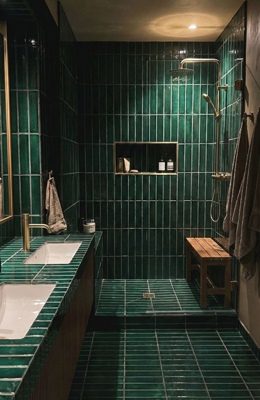 Emerald green 3x12 Solid Tile by Clay Imports, glossy, installed vertically on walls and horizontally on the floor.