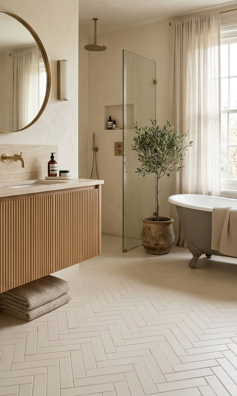 Mexican Vanilla solid tiles by Clay Imports in a light beige, laid in a herringbone pattern on a bathroom floor.