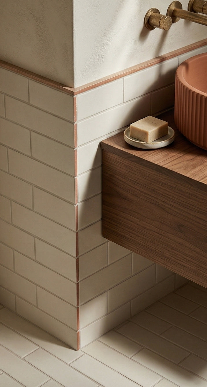 Mexican Vanilla 3x12 solid tiles by Clay Imports, with visible terracotta edges installed in a bathroom setting.