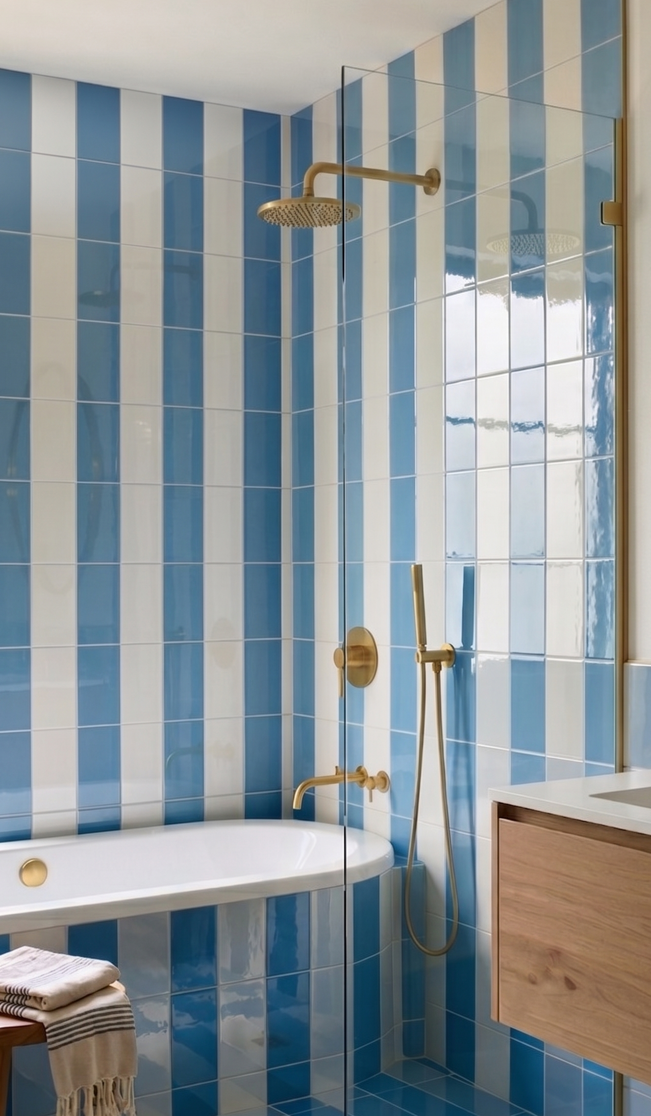 Perla 3x6 clay tile by Clay Imports, featuring glossy blue and white vertical stripes in a modern bathroom with brass fixtures.