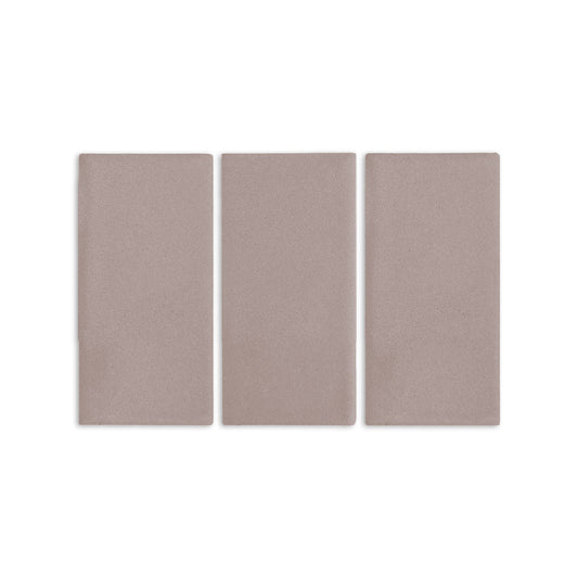 Three light brown 3x6 rectangular clay tiles by Clay Imports, arranged vertically with a subtle texture.