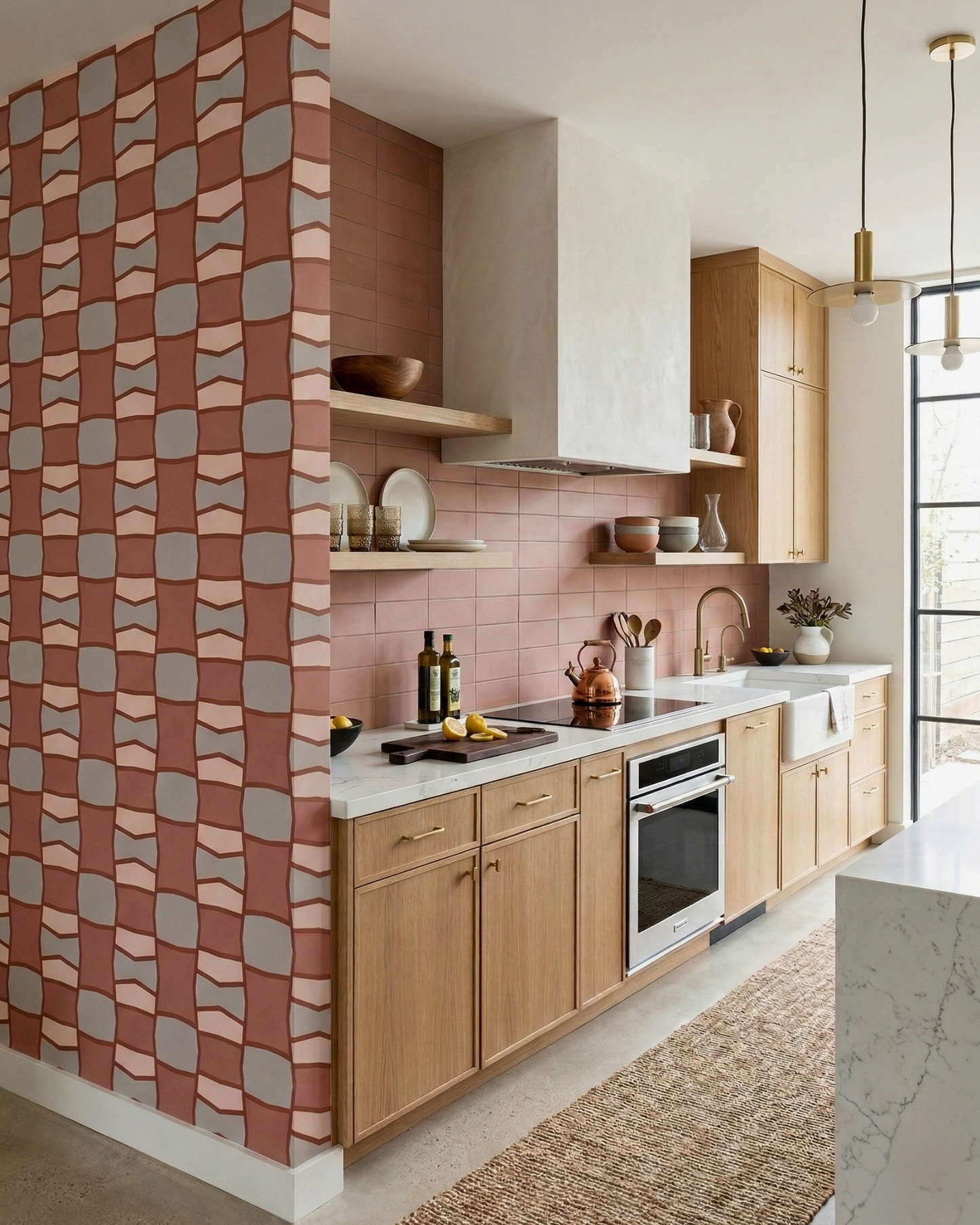 Pink Granite 3x6 clay tiles by Clay Imports, installed as a kitchen backsplash with light wood cabinets and open shelving.