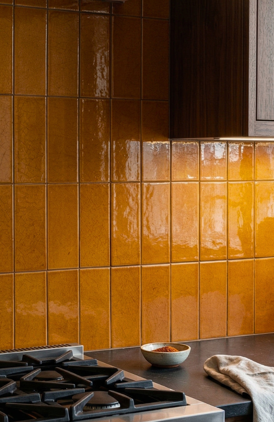 Terra crackle 3x6 clay tiles by Clay Imports installed as a glossy, textured kitchen backsplash.