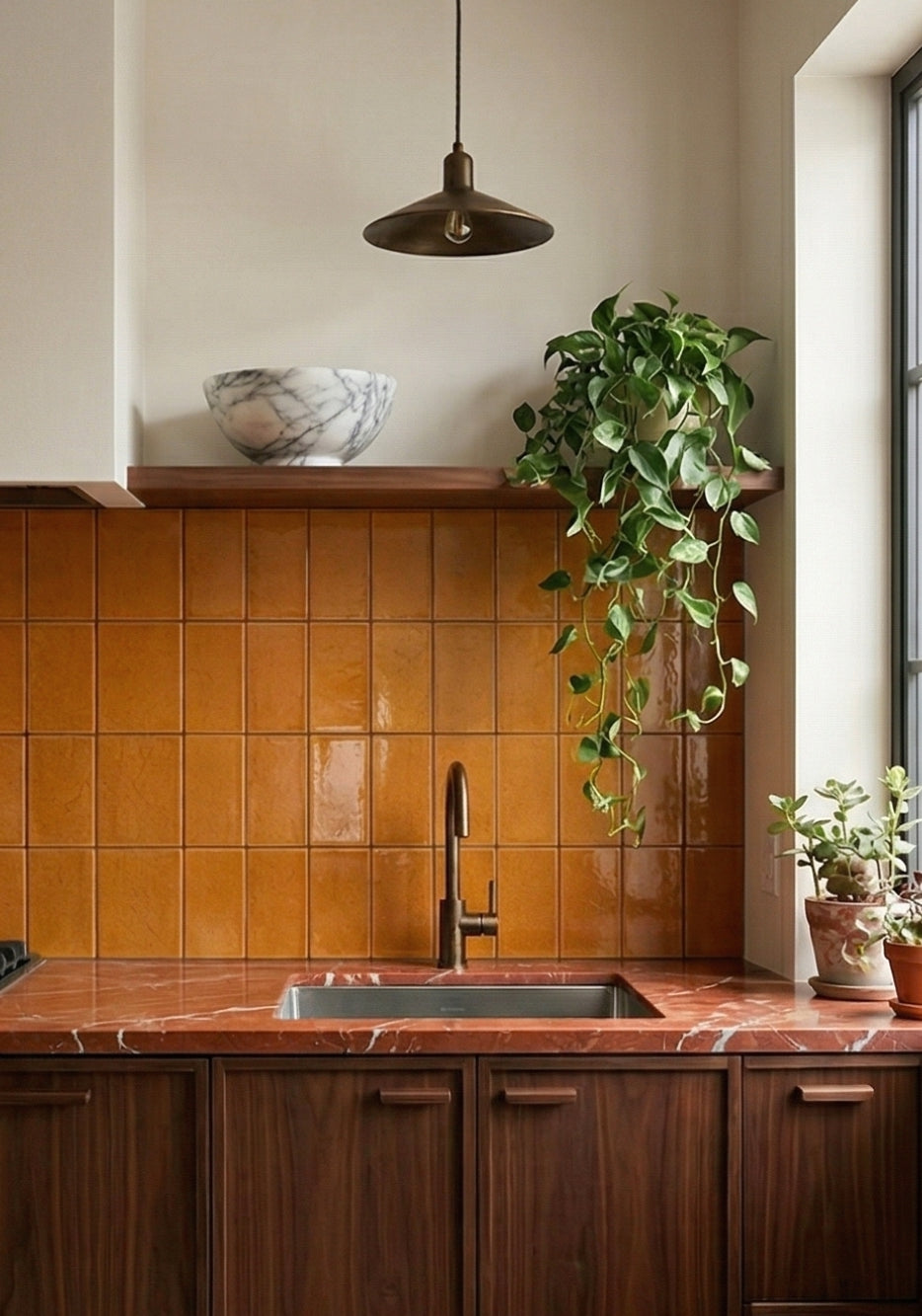 Orange rectangular crackle clay tiles by Clay Imports forming a kitchen backsplash above a red marble countertop.
