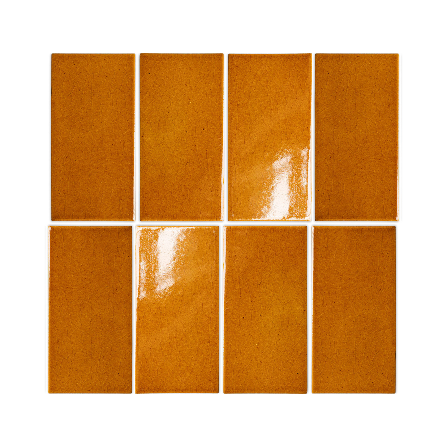Terra cotta crackle clay tiles by Clay Imports, 3x6 rectangles in an 8-tile grid, featuring a glossy, cracked surface.