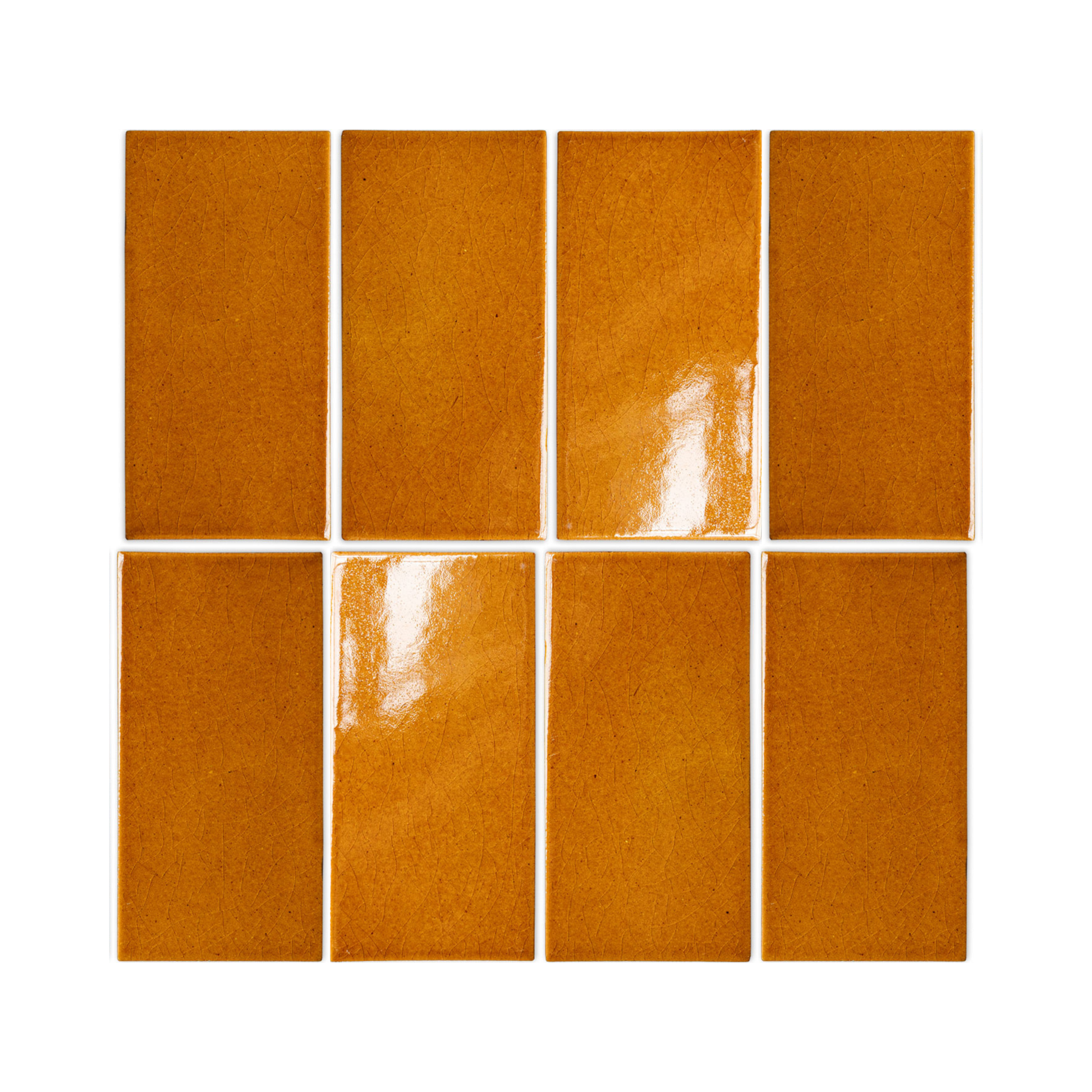 Terra cotta crackle clay tiles by Clay Imports, 3x6 rectangles in an 8-tile grid, featuring a glossy, cracked surface.