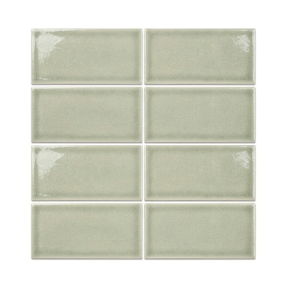 Six rectangular glossy ceramic subway tiles in a pale sage green color, arranged in a two-column grid on a white background.