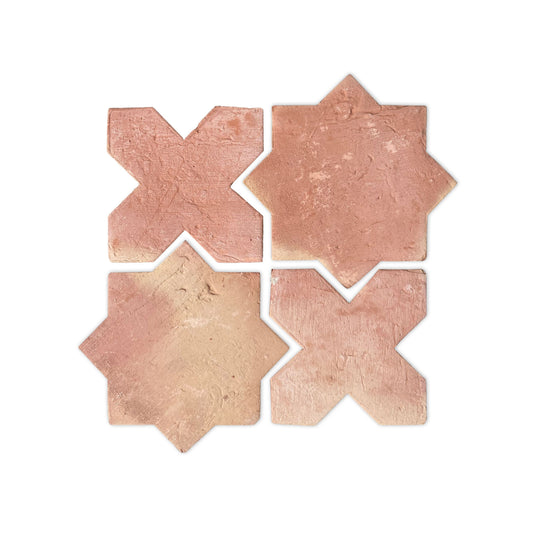 Antique Matte Mini Star & Cross terracotta tiles by Clay Imports, showing four rustic, interlocking pieces.