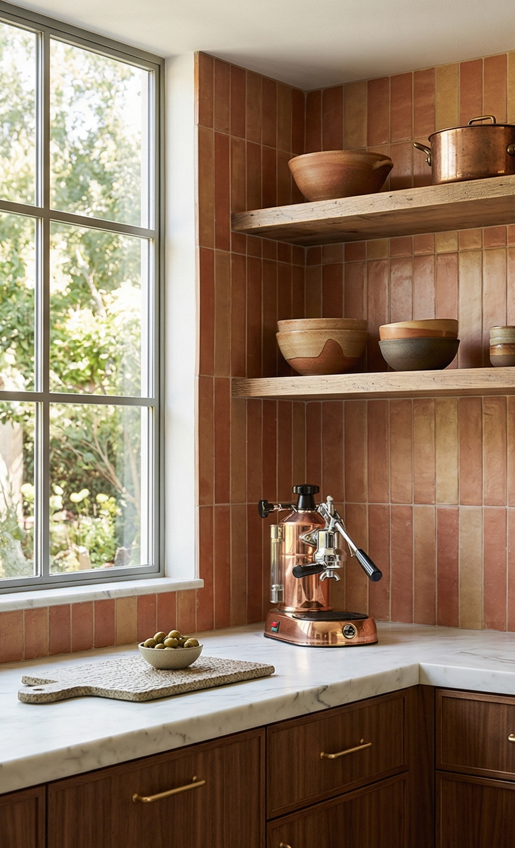 Smooth satin terracotta tiles by Clay Imports in varied reddish-brown tones, forming a kitchen backsplash.