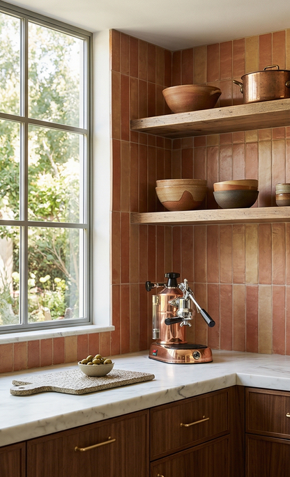 Smooth satin terracotta tiles by Clay Imports in varied reddish-brown tones, forming a kitchen backsplash.