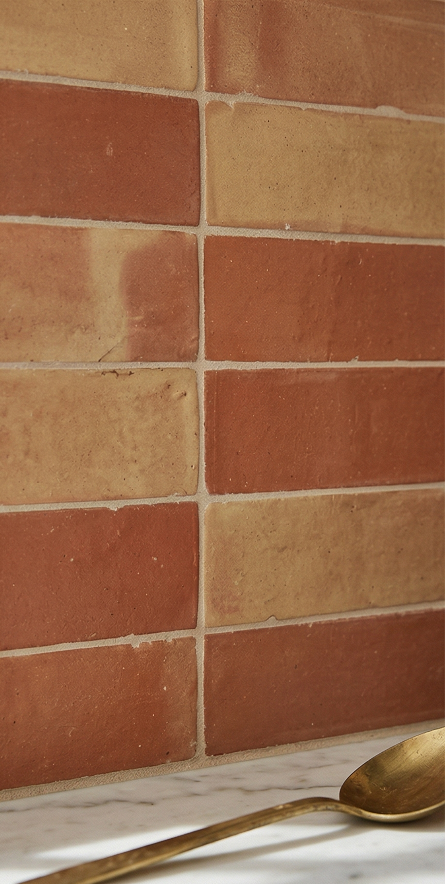 Smooth satin terracotta tiles by Clay Imports in mixed reddish-brown and beige, arranged in a staggered pattern, with a brass spoon on marble.