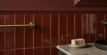 Glossy reddish-brown solid tile by Clay Imports, vertically installed as wainscoting on a bathroom wall with a brass towel bar.