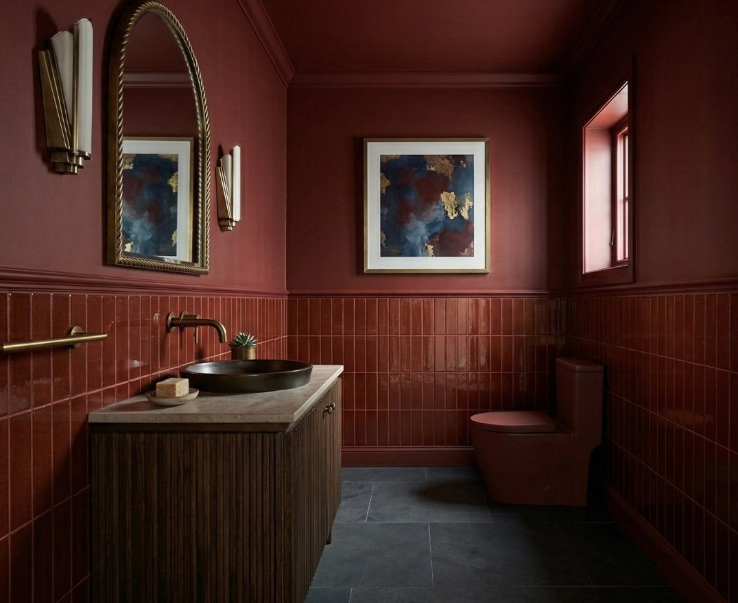 Americano 3x12 reddish-brown solid tile by Clay Imports, glossy, arranged vertically in a luxurious bathroom.