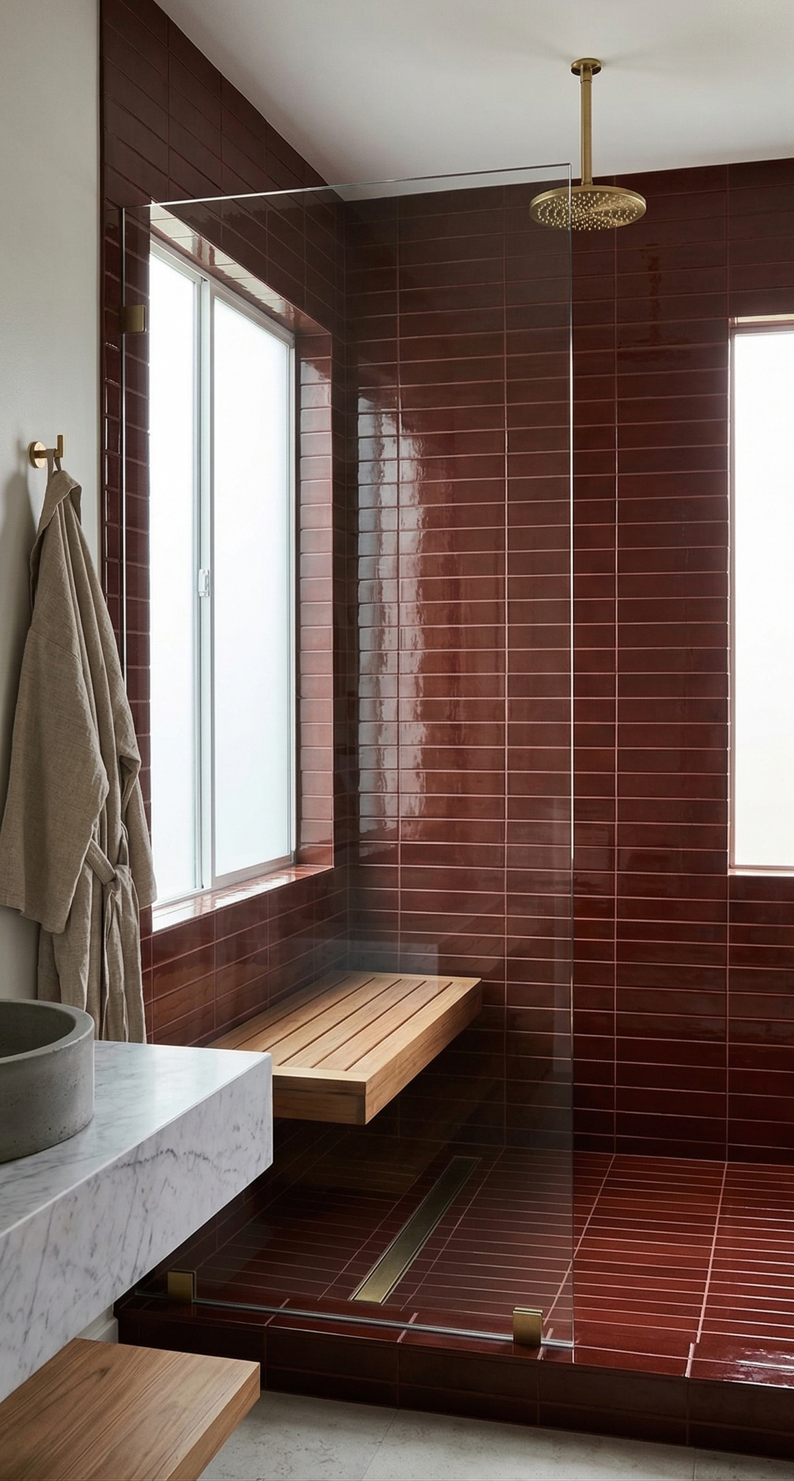 Oxblood clay tiles by Clay Imports with a glossy finish, arranged horizontally in a modern shower.