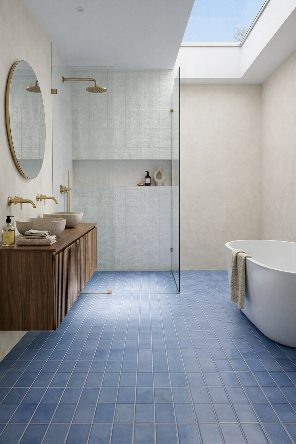 White textured clay wall tiles by Clay Imports with a subtle geometric pattern in a bright bathroom.