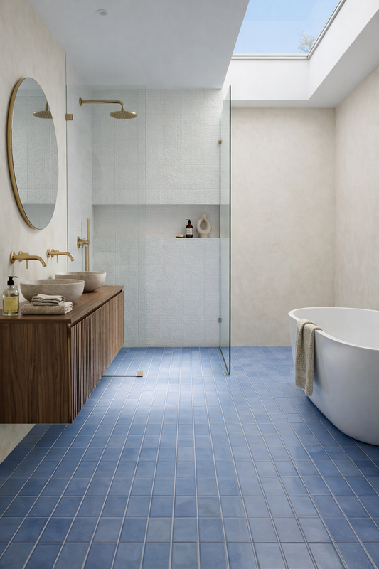White textured clay wall tiles by Clay Imports with a subtle geometric pattern in a bright bathroom.