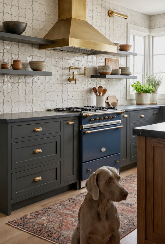 A modern kitchen scene with dark charcoal gray cabinets, a navy blue freestanding oven, brass hardware, a large brass range hood, patterned white tile backsplash, floating shelves with bowls, and a dog sitting on a patterned rug in the foreground.