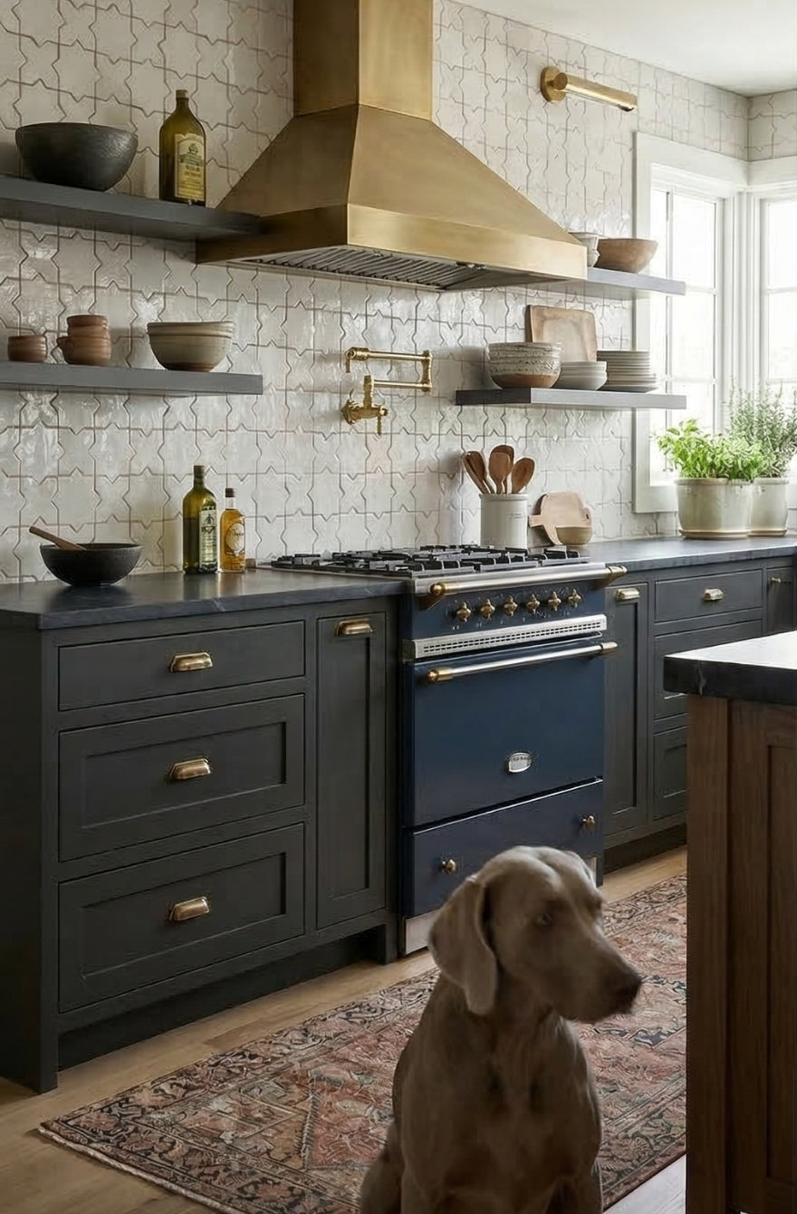 White gloss mini star and cross glazed terracotta tile by Clay Imports, installed as a kitchen backsplash behind a brass range hood.