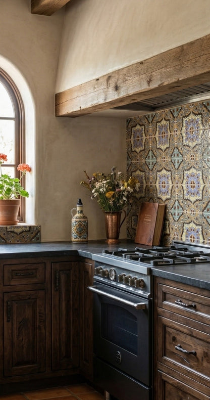 Relief Talavera tile in Bluffs pattern by Clay Imports, with intricate purple, blue, and cream motifs forming a kitchen backsplash.