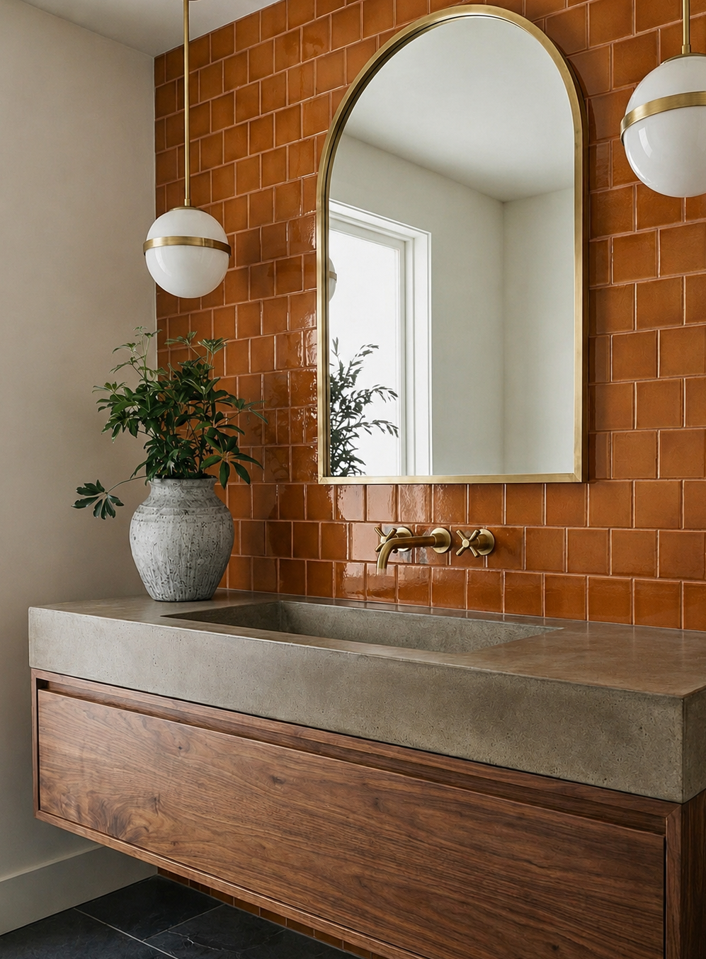 Cajeta 4.25x4.25 glossy solid tile from Clay Imports, showcasing rich burnt orange tones on a bathroom wall.