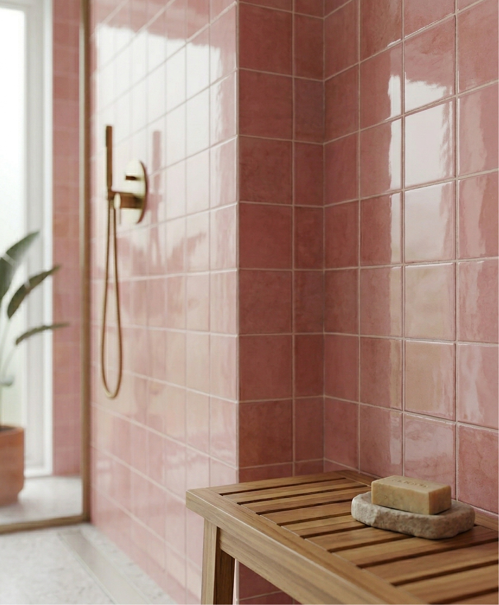 Glossy pink square solid tile by Clay Imports, covering a shower wall with visible grout lines and subtle color variations.