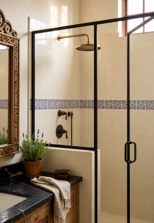 Blue and white Mirto patterned Relief Talavera tile by Clay Imports, forming a decorative border in a cream tiled shower.