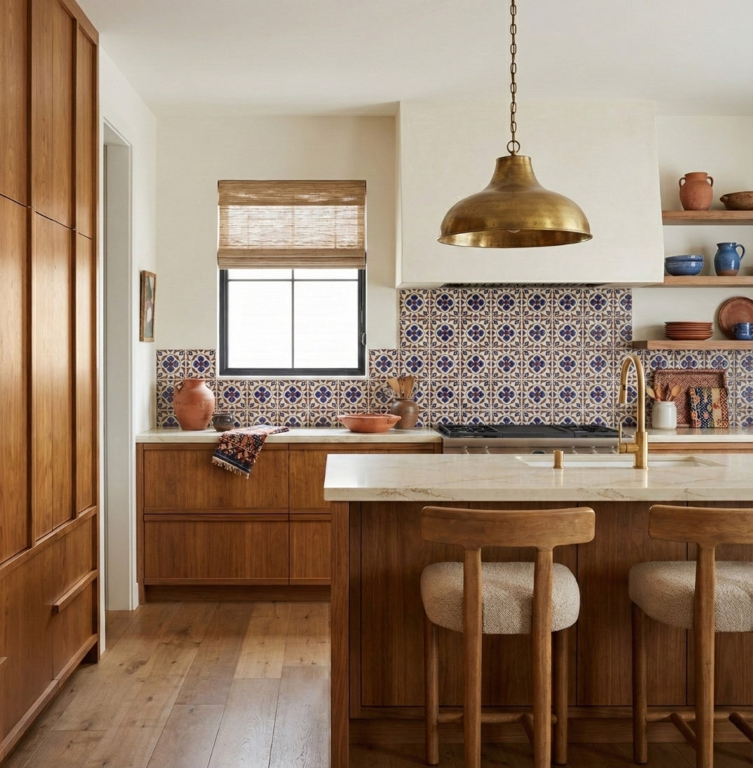 Blue and white Orquidea patterned Relief Talavera tiles by Clay Imports used as a kitchen backsplash.