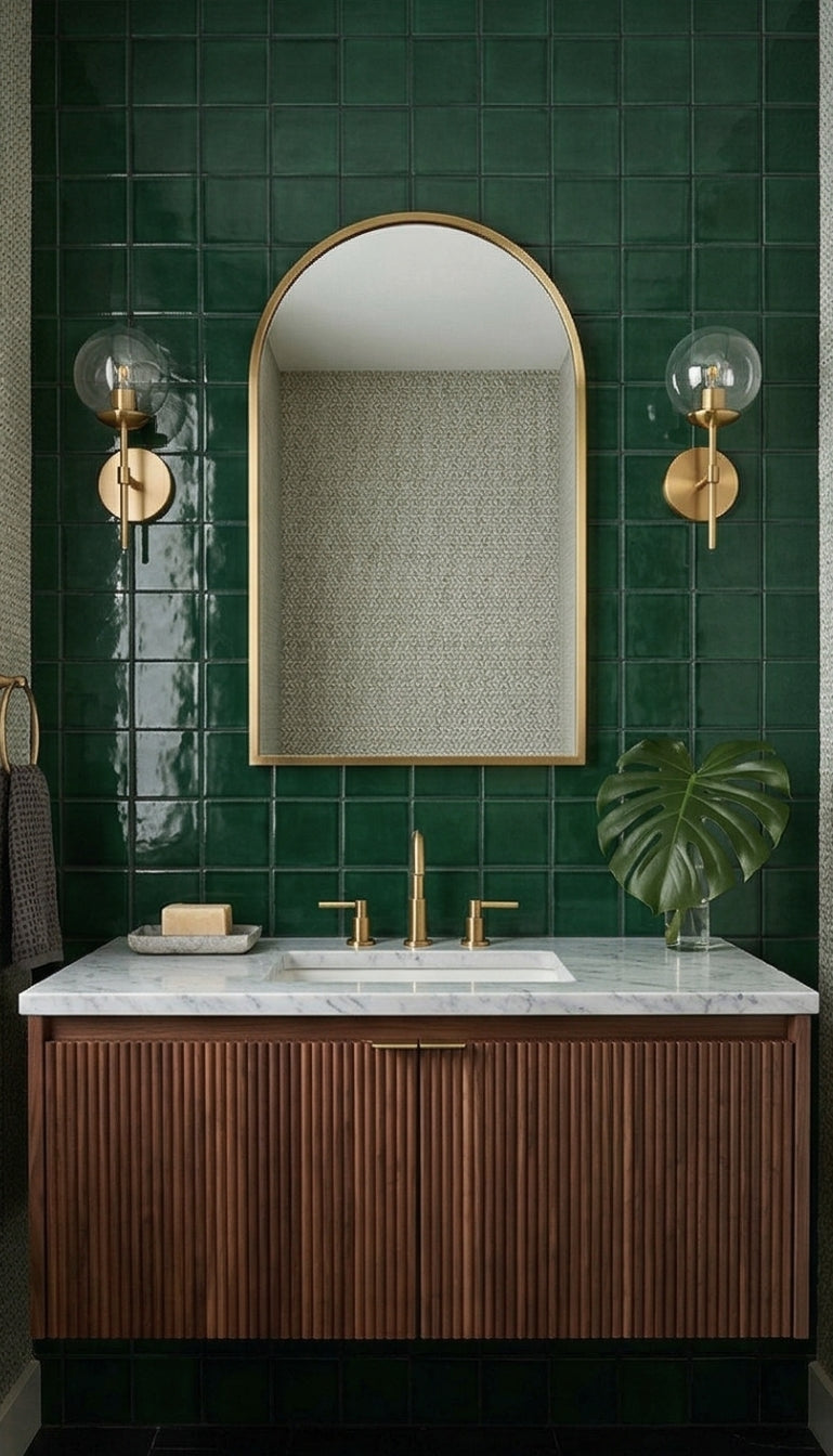 Emerald 4.25x4.25 solid tile by Clay Imports with a glossy finish, installed in a square pattern on a bathroom wall.