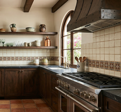 Relief Trancas multi-colored Talavera tile by Clay Imports, with a floral and geometric pattern on a kitchen backsplash.
