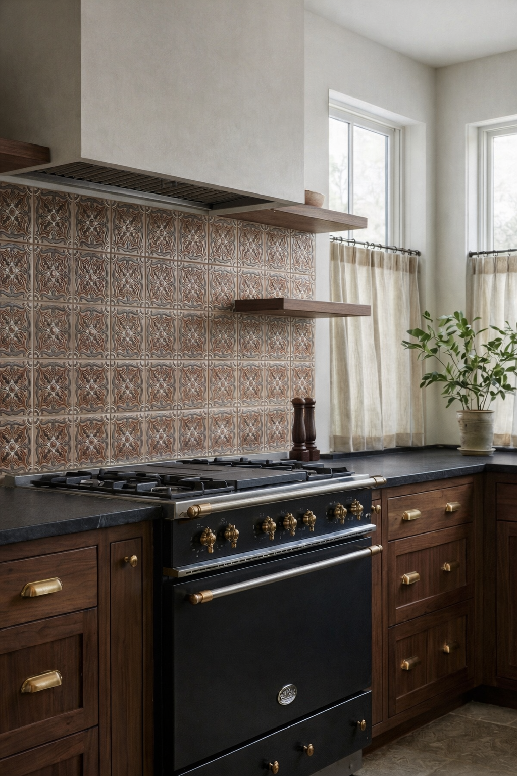 Relief Trancas tile in earthy brown and beige tones by Clay Imports, featuring a raised ornate pattern in a kitchen backsplash setting.