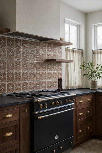 Relief Trancas tile in earthy brown and beige tones by Clay Imports, featuring a raised ornate pattern in a kitchen backsplash setting.