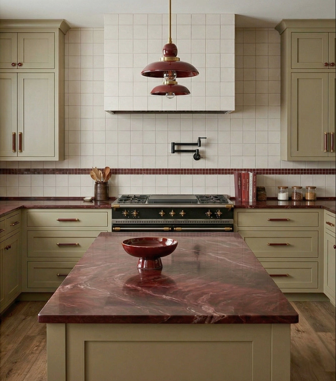 Off-white Twine 4.25x4.25 square clay tile by Clay Imports forming a kitchen backsplash with a reddish-brown border.