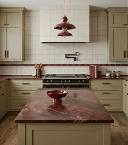Off-white Twine 4.25x4.25 square clay tile by Clay Imports forming a kitchen backsplash with a reddish-brown border.