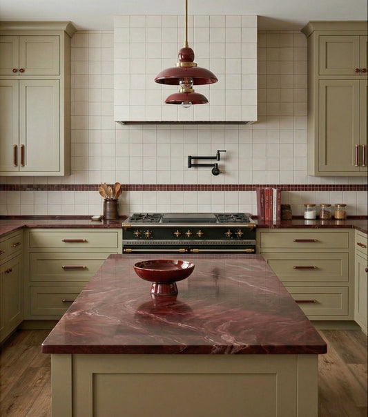 Off-white Twine 4.25x4.25 square clay tile by Clay Imports forming a kitchen backsplash with a reddish-brown border.