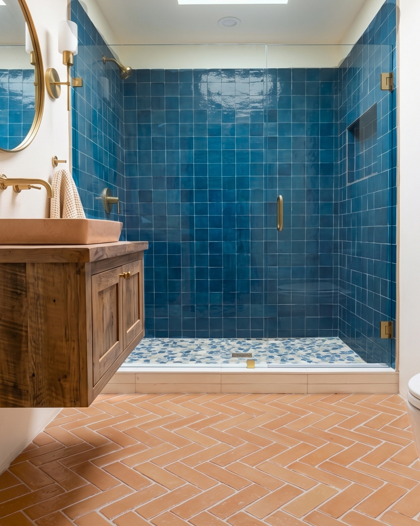 A modern bathroom interior featuring a walk-in shower with glossy blue tile walls and a matching blue mosaic floor, paired with a rustic wooden vanity and terracotta herringbone tile flooring.