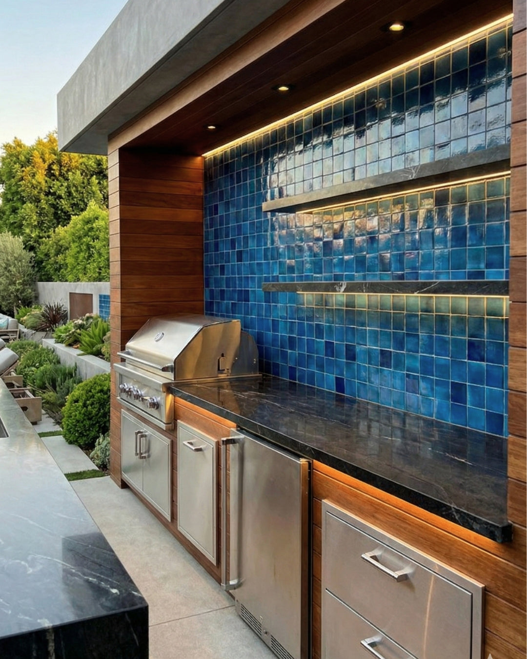 Gulf Blue 4x4 Saltillo Zellige tile from Clay Imports, showcasing a glossy, varied texture, used as an outdoor kitchen backsplash.