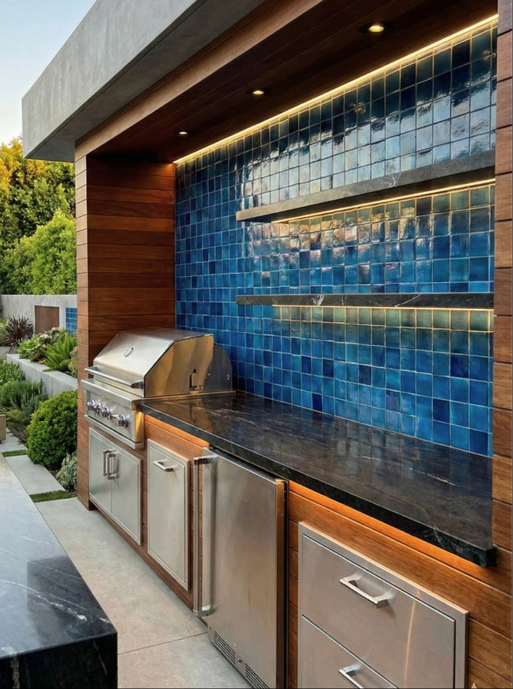 Gulf Blue 4x4 Saltillo Zellige tile from Clay Imports, showcasing a glossy, varied texture, used as an outdoor kitchen backsplash.