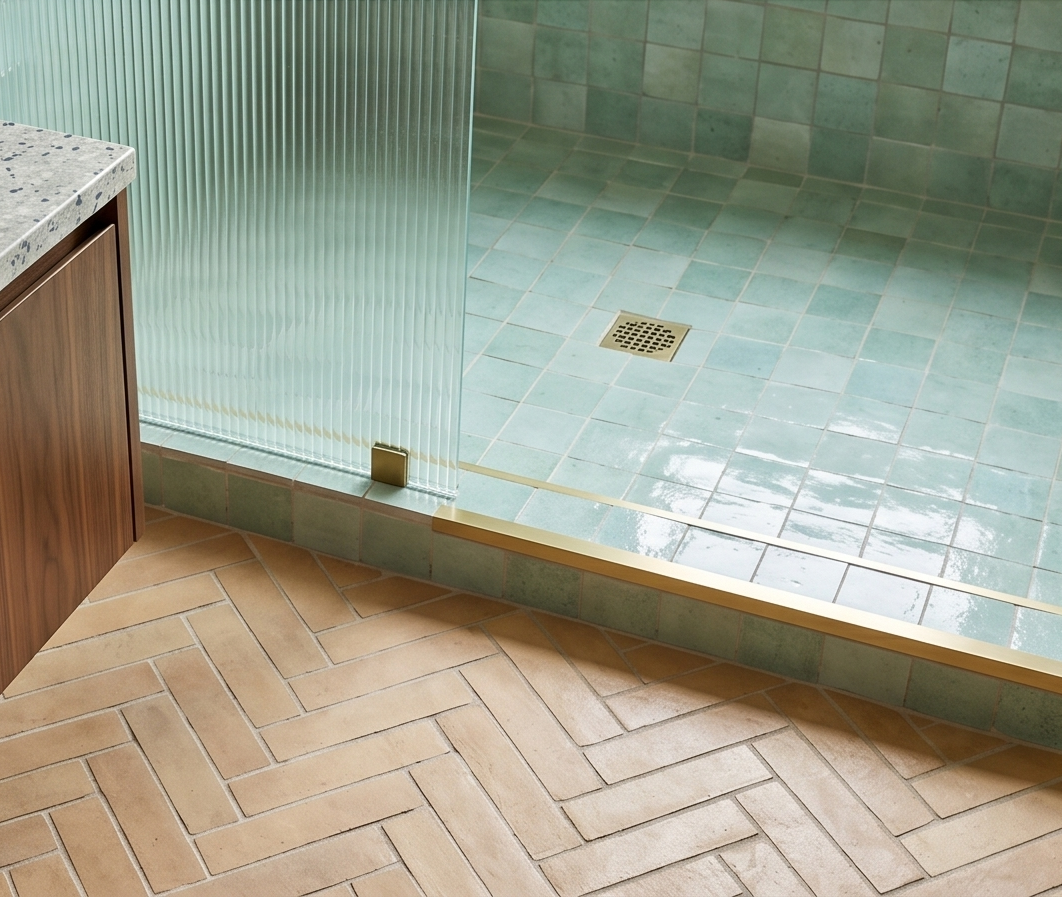 Bathroom with tiled green zellige wall and cotto terracotta floor, featuring a shower area with fluted glass door.