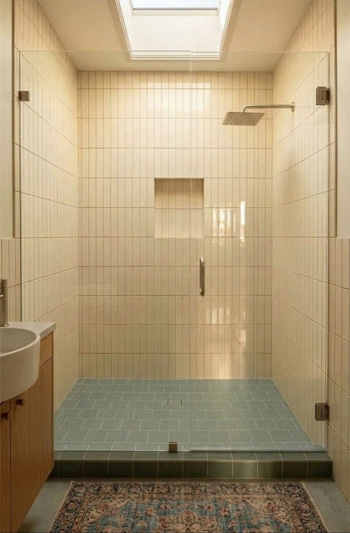 A modern walk-in shower features vertical cream wall tiles, blue floor tiles, a built-in shower niche, and a sleek glass door beneath a ceiling skylight.