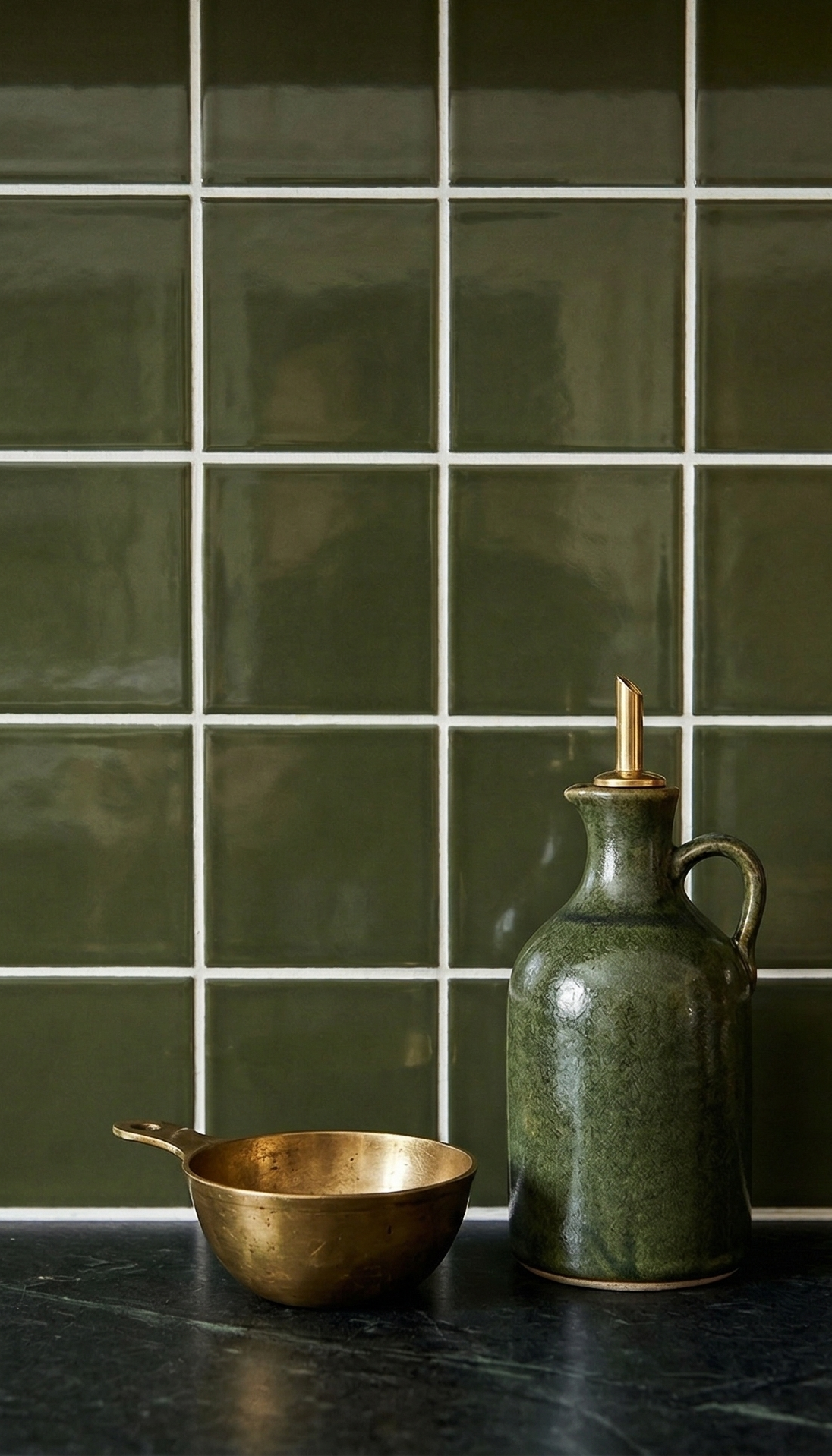 Green Espina Gloss 4x5 solid tiles by Clay Imports with white grout on a dark countertop, alongside a ceramic bottle and brass bowl.