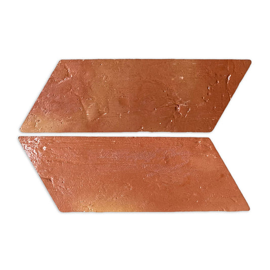 Right side parallelogram terracotta tile with an antique gloss finish by Clay Imports, displaying two reddish-brown textured pieces.