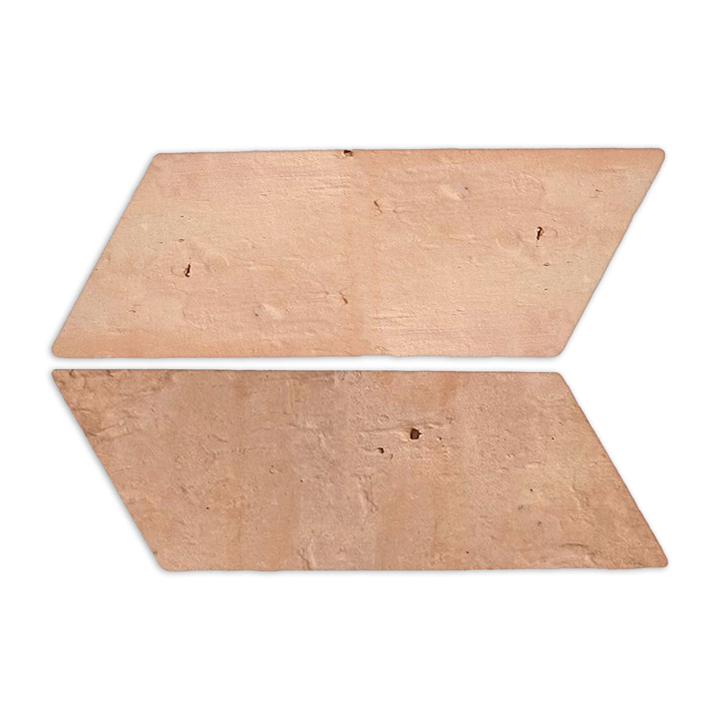 Antique matte terracotta parallelogram tile from Clay Imports, showing two rustic, muted reddish-brown tiles.