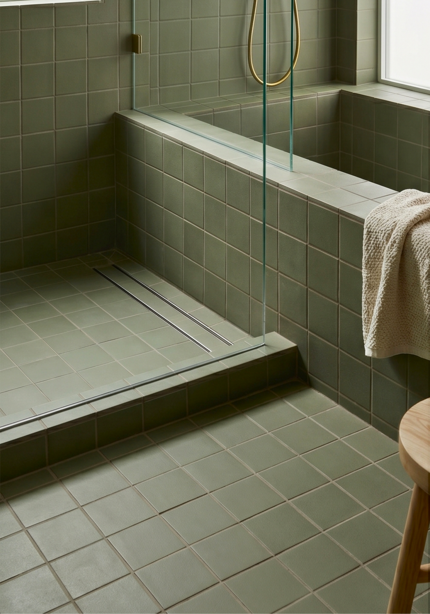 Army Green bathroom with tiled shower area and window