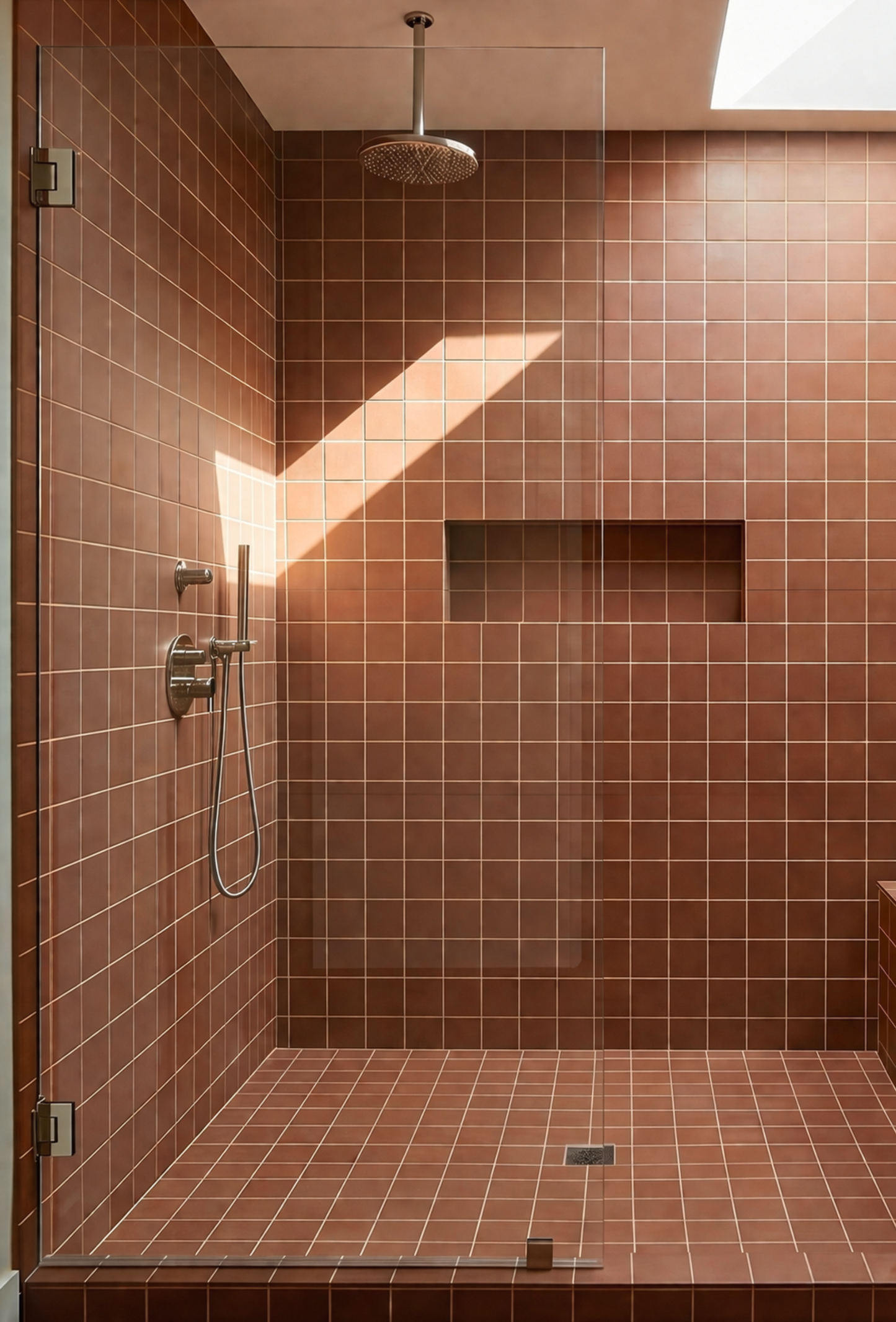 Cacao 4.25x4.25 Solid Tile by Clay Imports, covering a shower interior with white grout and diagonal sunlight.