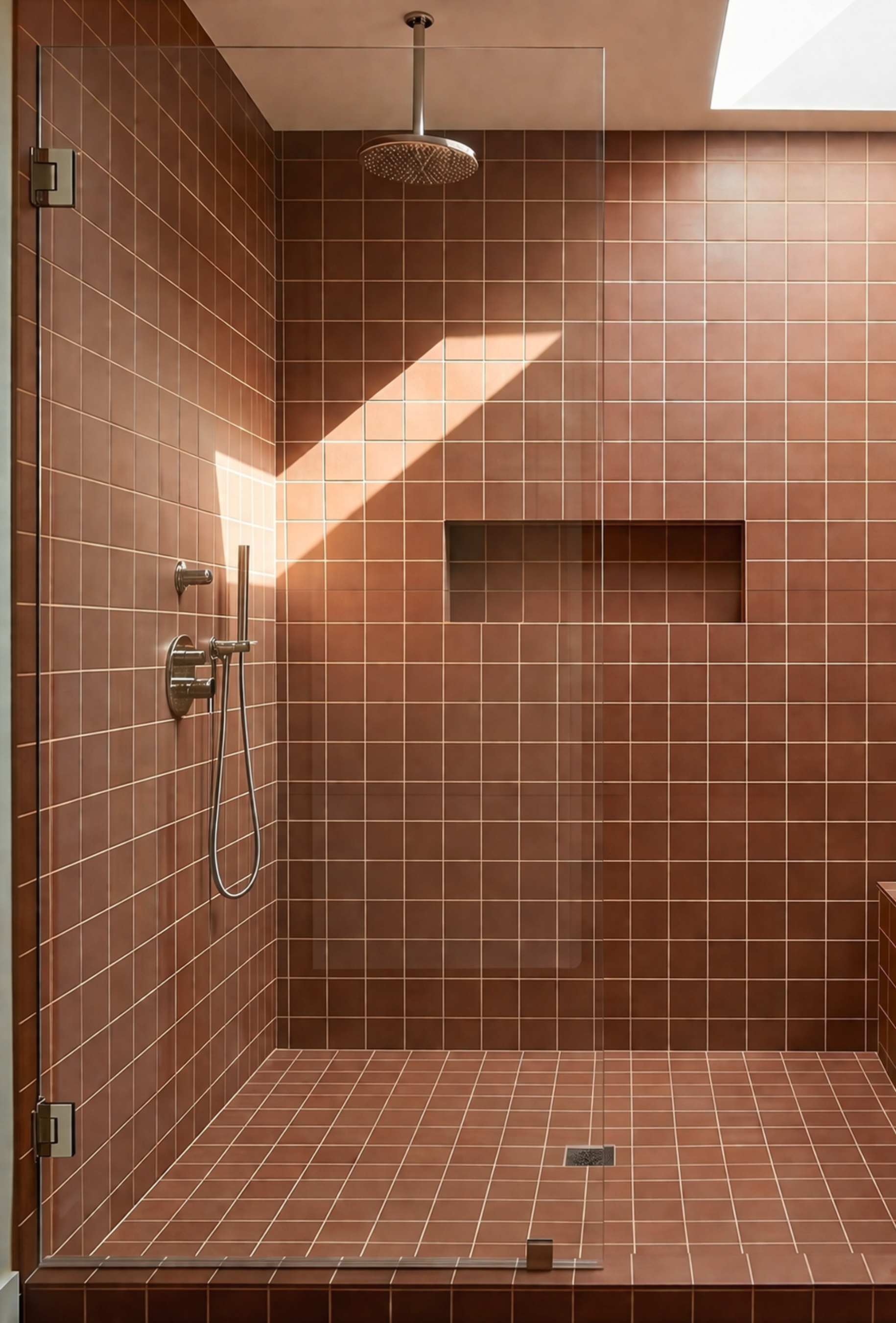 Cacao 4.25x4.25 Solid Tile by Clay Imports, covering a shower interior with white grout and diagonal sunlight.