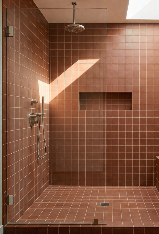 Cacao 4.25x4.25 Solid Tile by Clay Imports, covering a shower interior with white grout and diagonal sunlight.