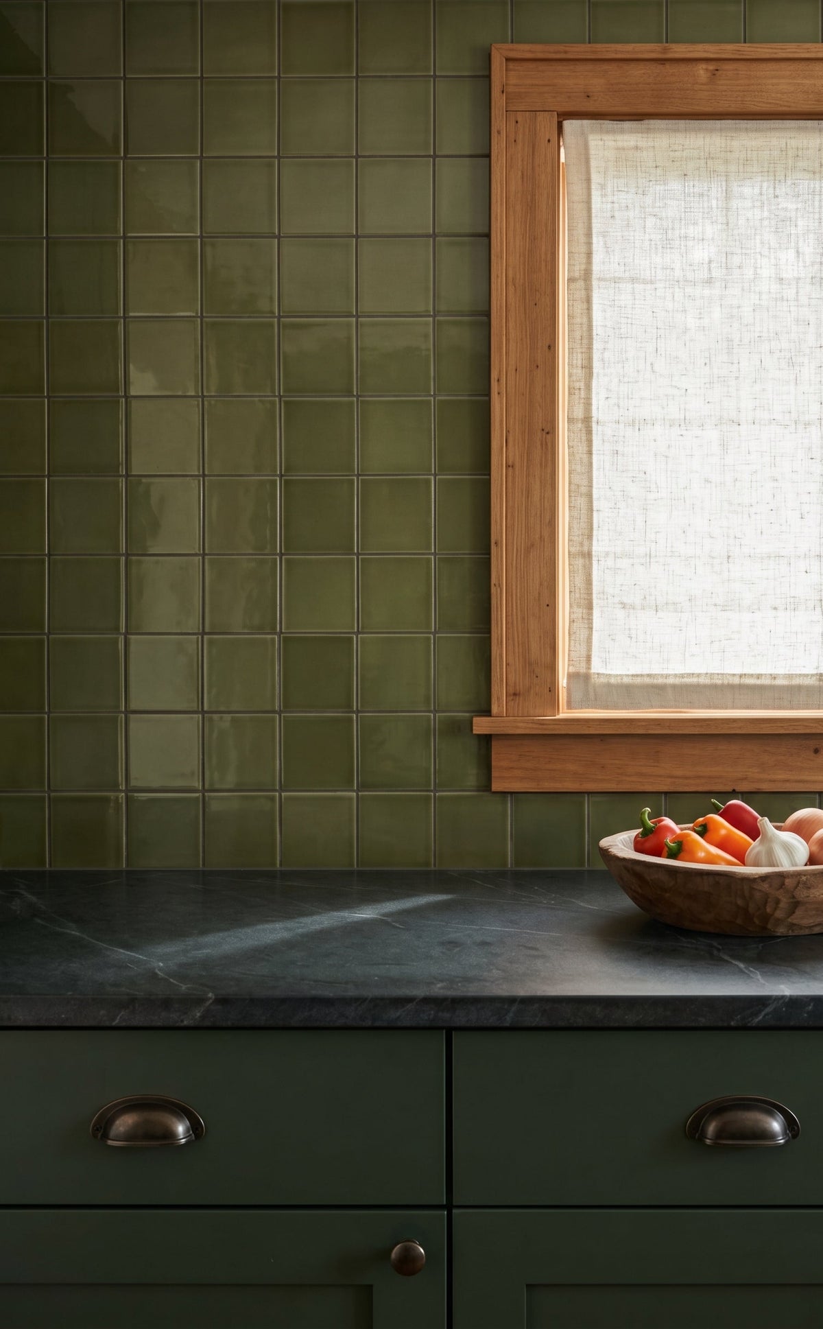 A kitchen scene with olive green subway tile backsplash, dark stone countertop, matching green cabinets, and a wood-framed window with a light curtain. A wooden bowl of fruit sits on the counter.