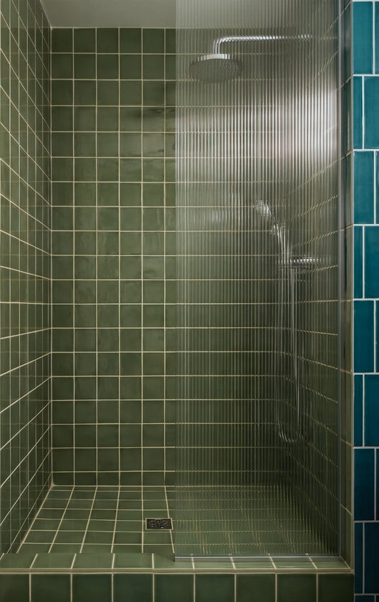 A modern walk-in shower stall with olive green square tiles, a clear glass door, and a blue accent tile column on the right side.