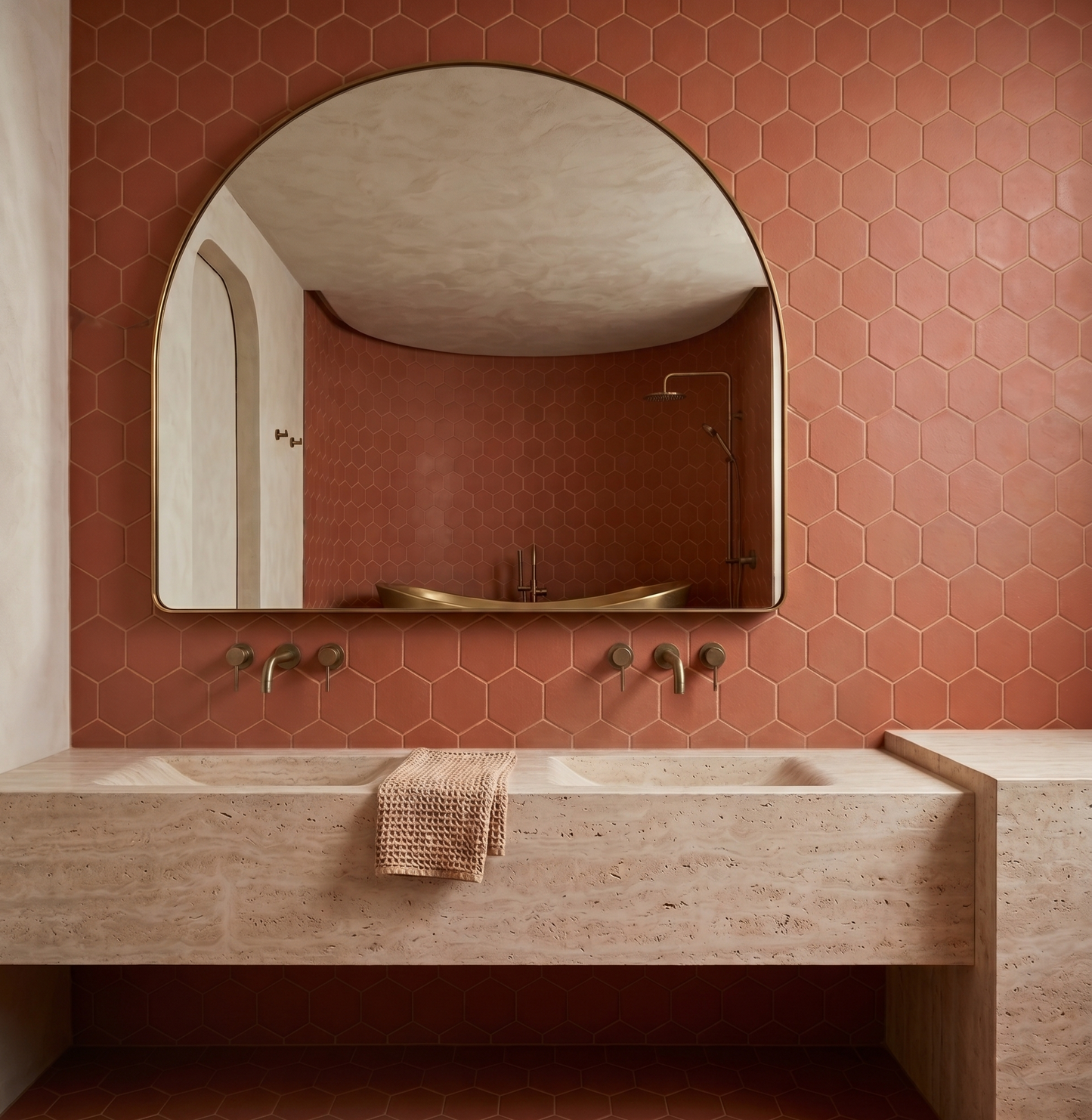 Terracotta hexagon solid tile by Clay Imports covering bathroom walls and floor, featuring a brass-framed mirror and stone dual vanity.